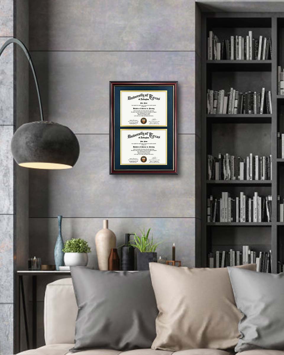 Graduation Certificate Double Documents Frame Cherry Real Wood with Gold Trim - 8.5"*11