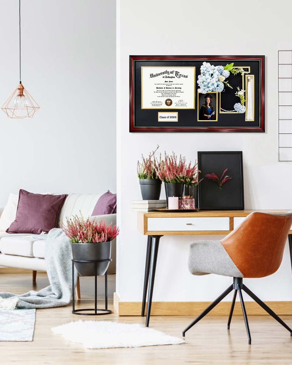 Cherry Wood Graduation Frame for Diploma & Photo with Cap & Tassel Holder - 4 Colors Available