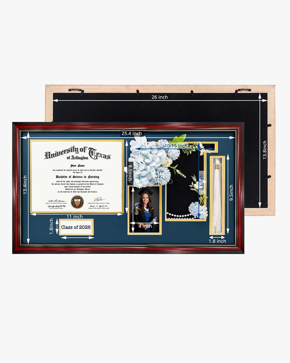 Cherry Wood Graduation Frame for Diploma & Photo with Cap & Tassel Holder - 4 Colors Available