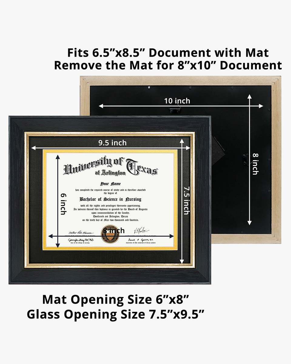 Wood Diploma Frame with Gold Trim Tempered Glass for 6*8 /  8*10 - 2 Colors Available