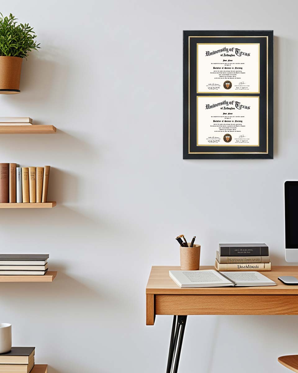 Double Certificate Wood Diploma Frame with Gold Trim for 8.5"x11" – 7 Colors Available