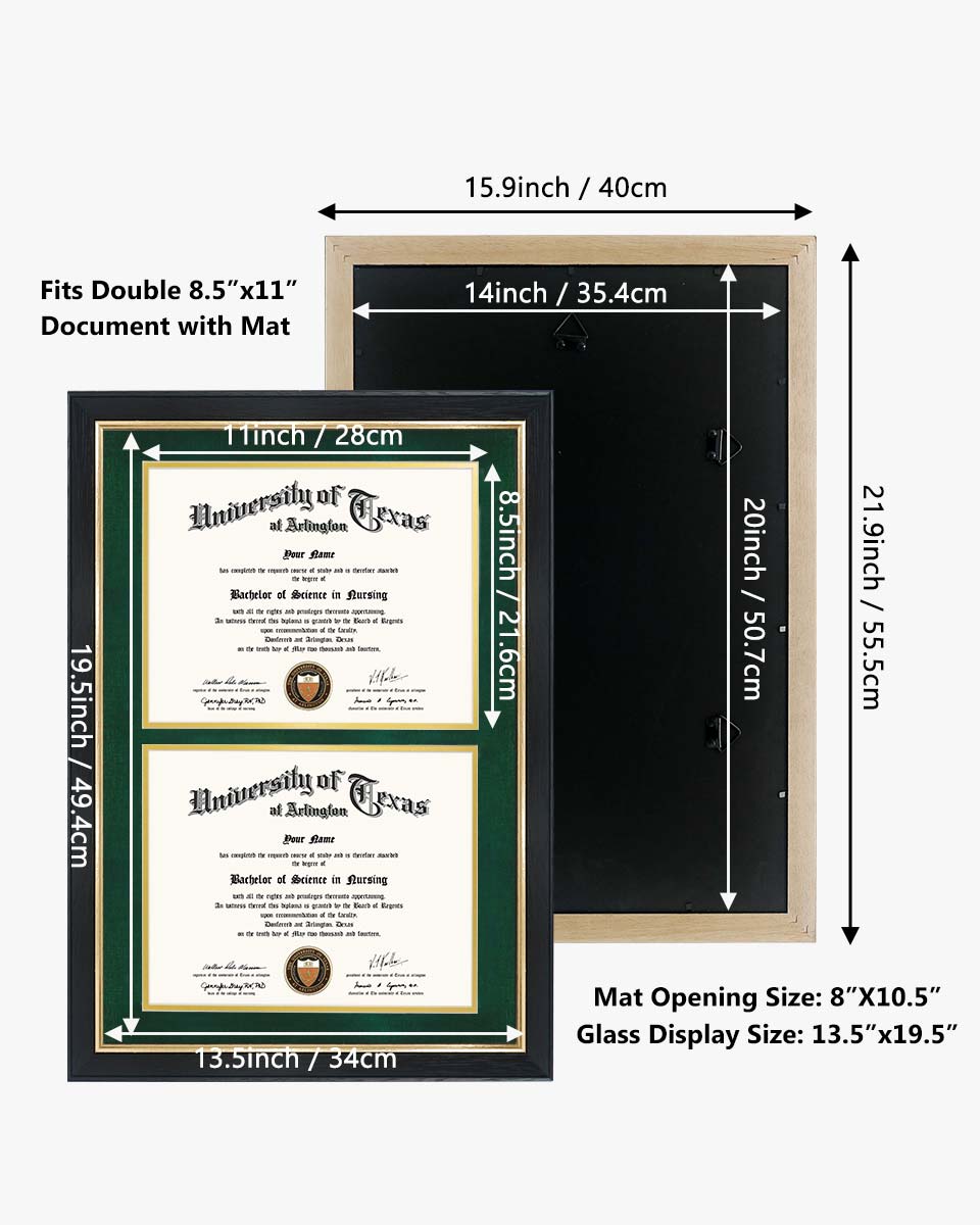 Double Certificate Wood Diploma Frame with Gold Trim for 8.5"x11" – 7 Colors Available