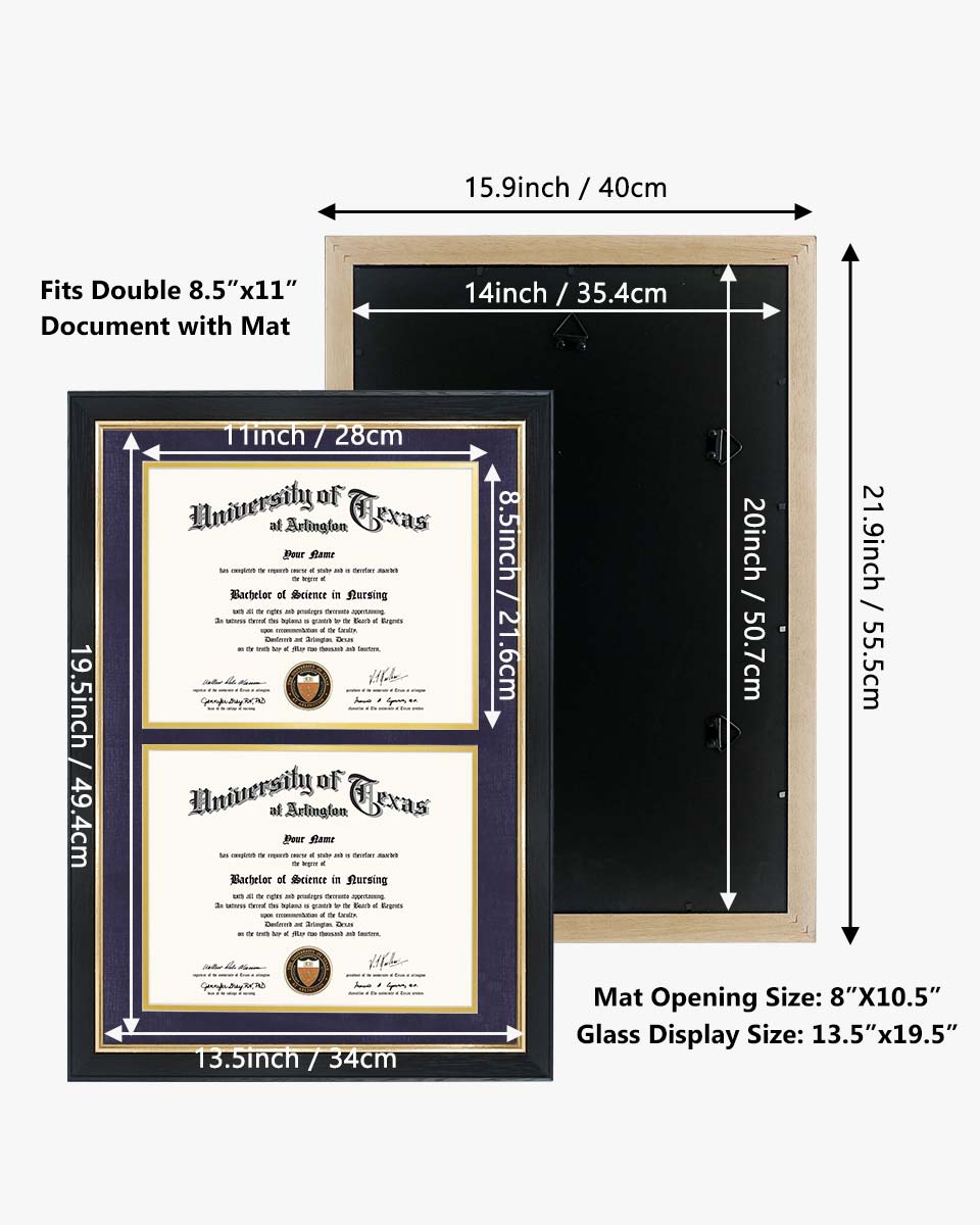 Double Certificate Wood Diploma Frame with Gold Trim for 8.5"x11" – 7 Colors Available