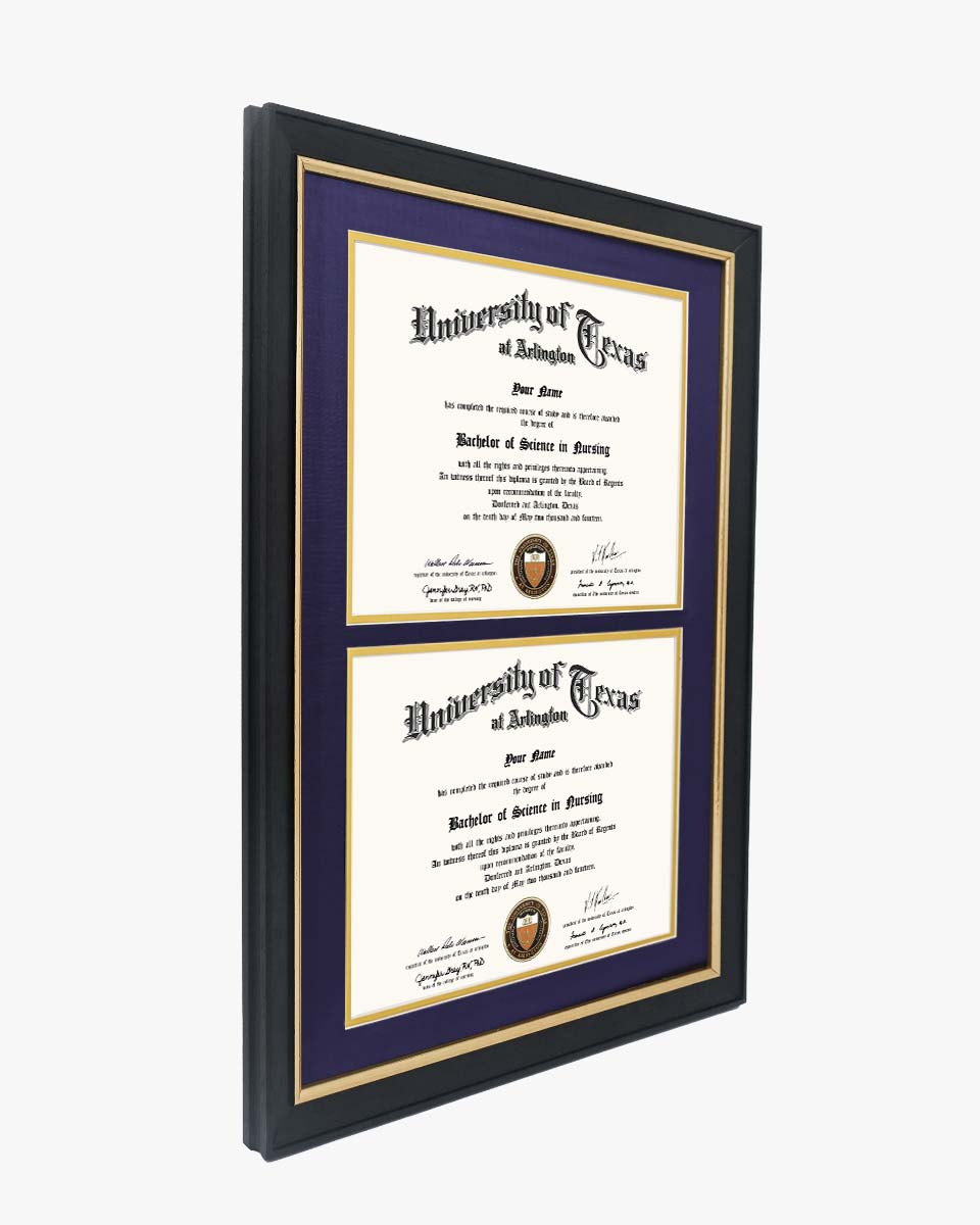 Double Certificate Wood Diploma Frame with Gold Trim for 8.5"x11" – 7 Colors Available