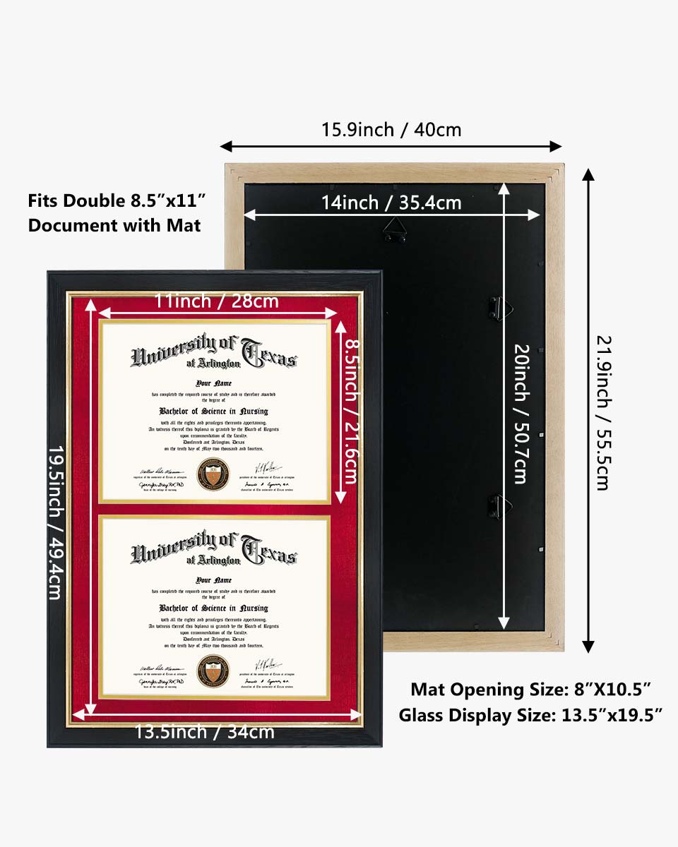 Double Certificate Wood Diploma Frame with Gold Trim for 8.5"x11" – 7 Colors Available