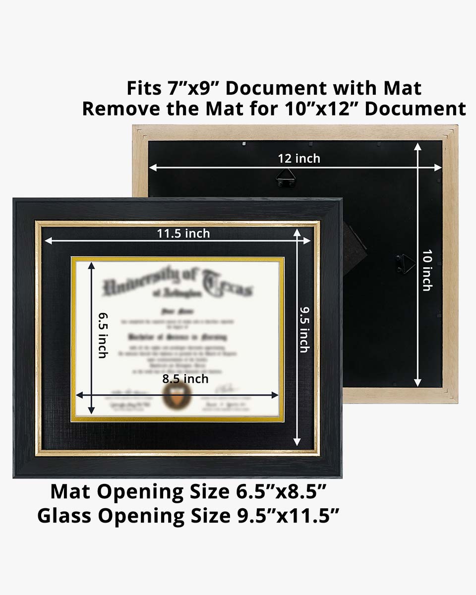 Wood Diploma Frame with Gold Trim Tempered Glass for 7*9 / 10*12 - 2 Colors Available