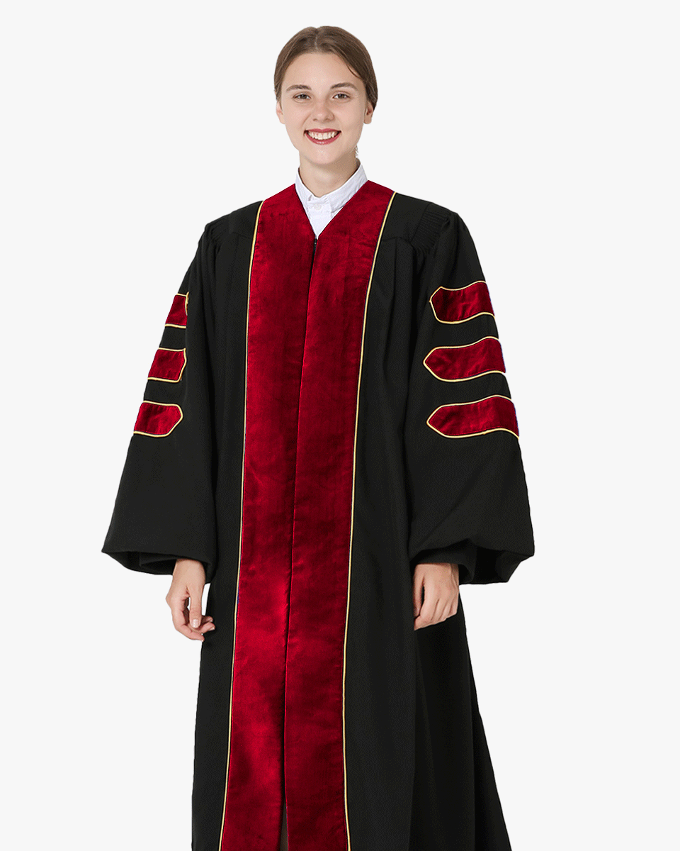 Deluxe Doctoral Gown Tam - Scarlet Trim with Gold Piping
