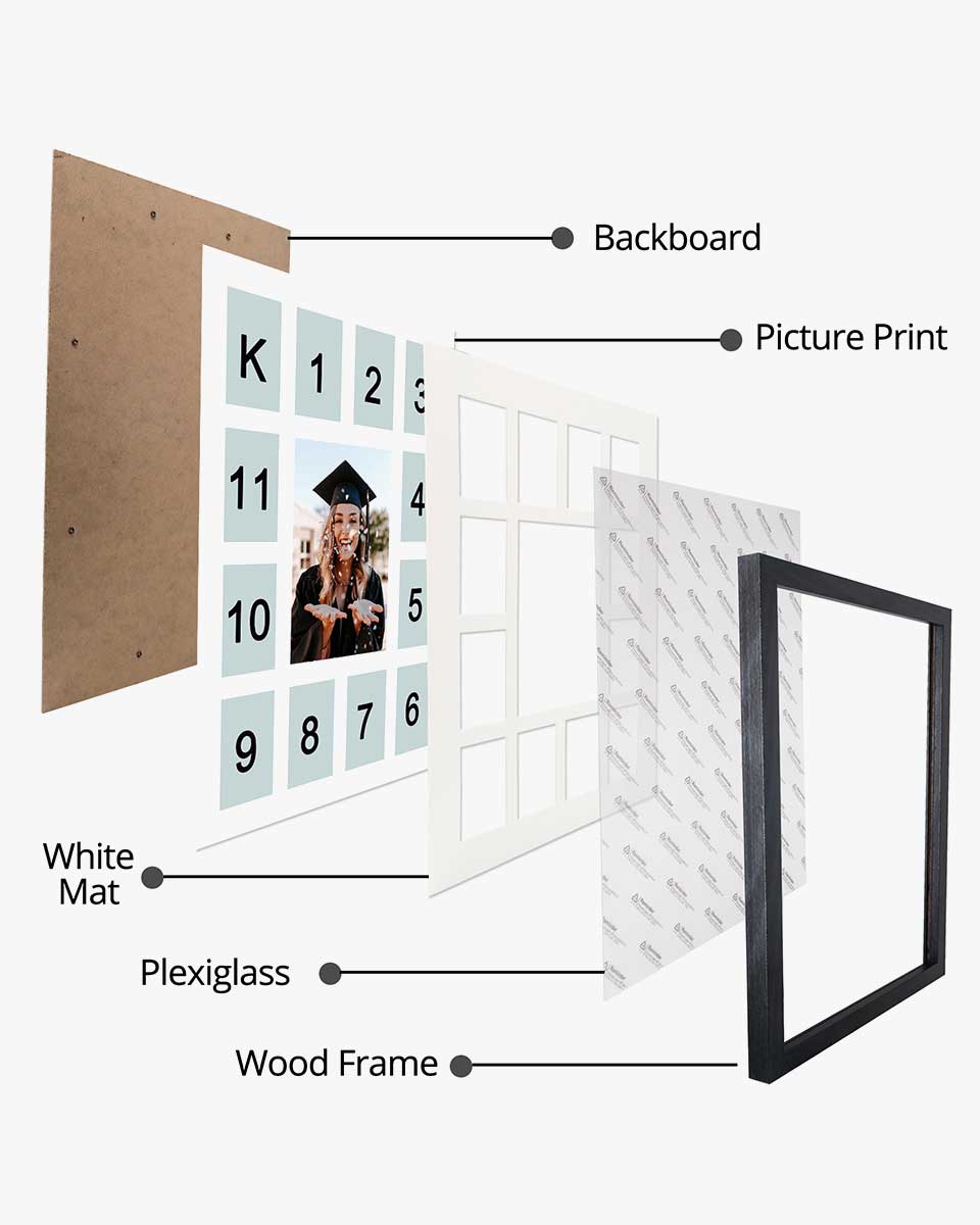 Graduation School Years K-12 Day Collage Wood with Double Mat Photo Frame - 3 Colors Available