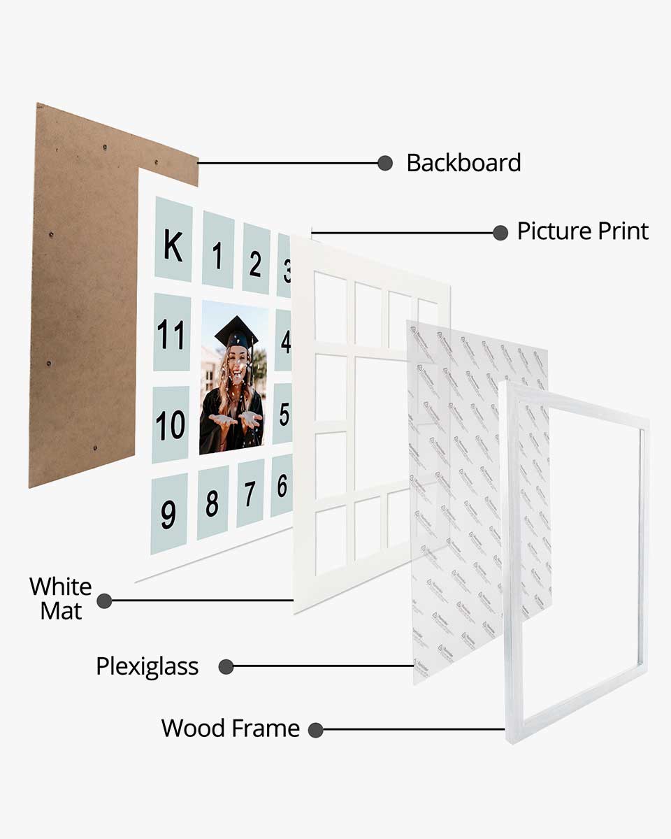 Graduation School Years K-12 Day Collage Wood with Double Mat Photo Frame - 3 Colors Available