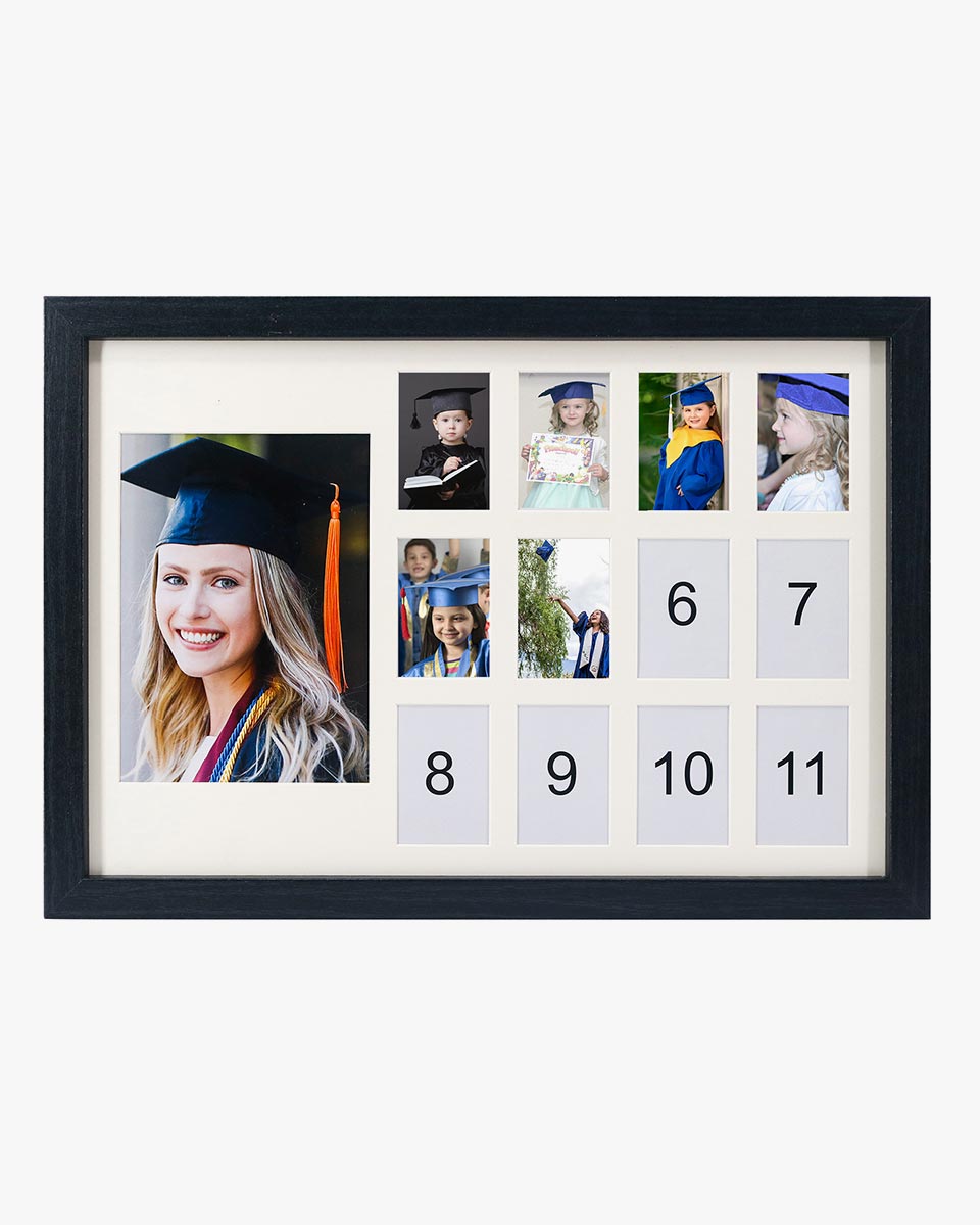 Graduation School Years K-12 Day Collage Wood with Double White Mat Horizontal Photo Frame - 2 Colors Available