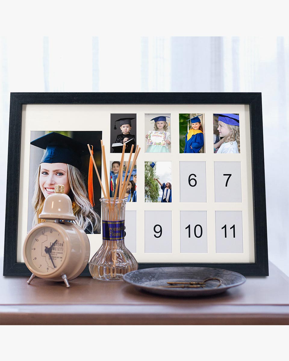 Graduation School Years K-12 Day Collage Wood with Double White Mat Horizontal Photo Frame - 2 Colors Available