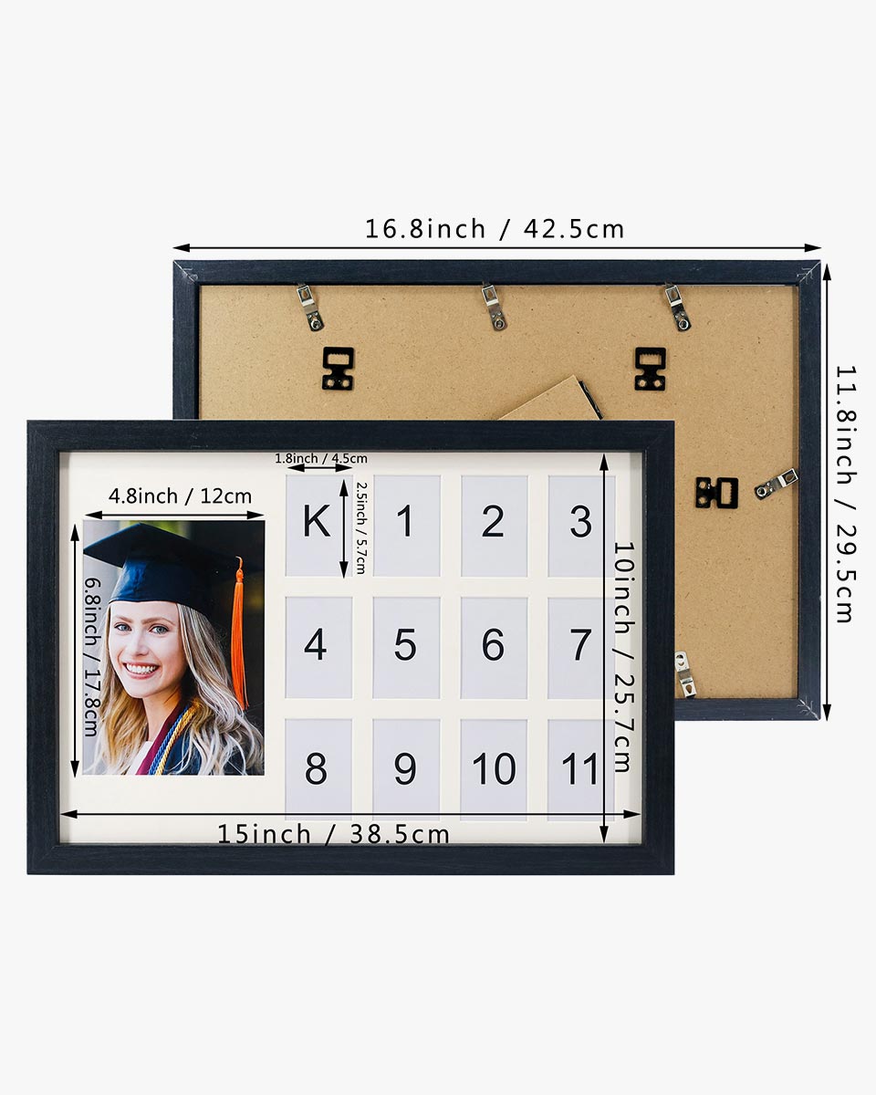 Graduation School Years K-12 Day Collage Wood with Double White Mat Horizontal Photo Frame - 2 Colors Available