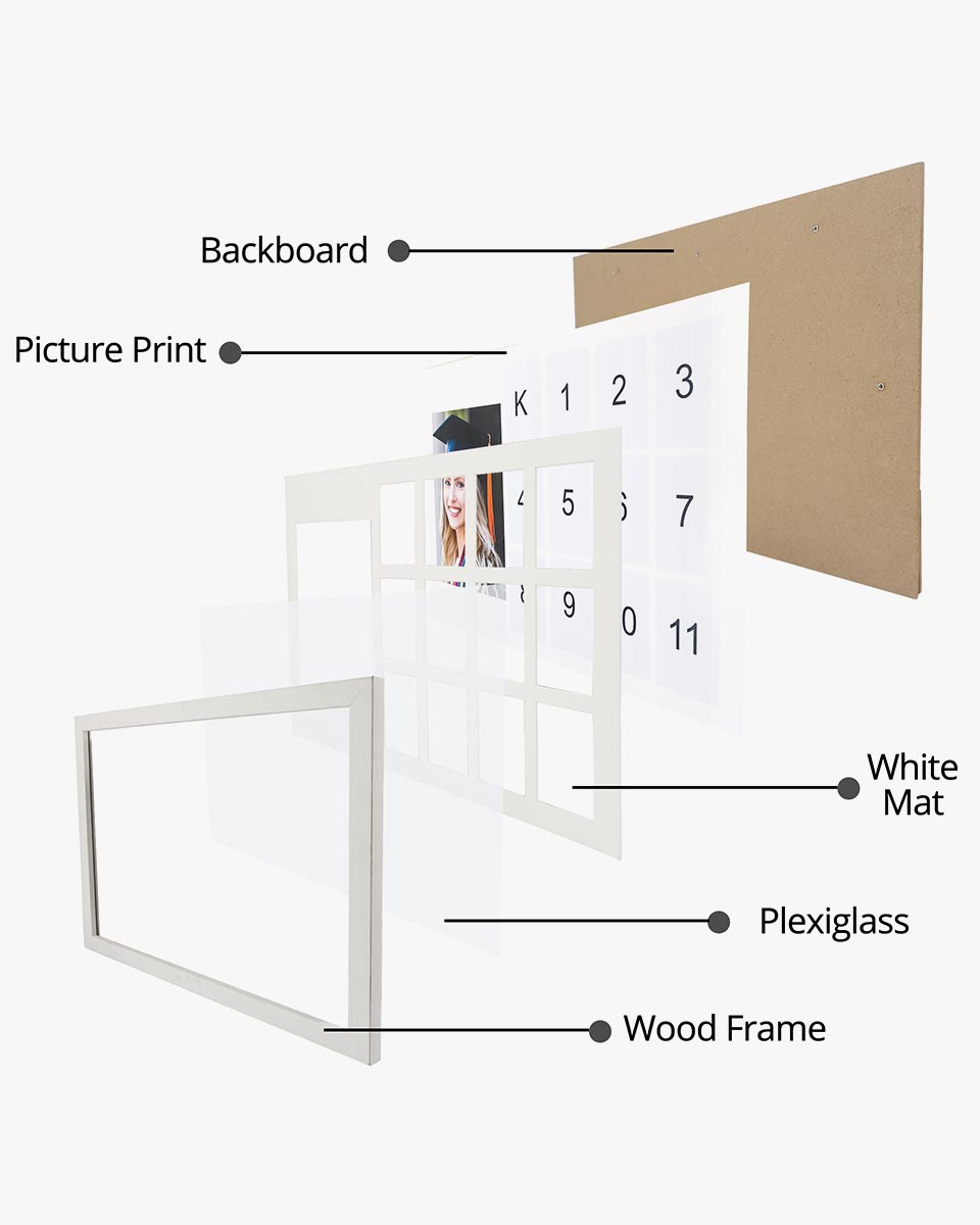 Graduation School Years K-12 Day Collage Wood with Double White Mat Horizontal Photo Frame - 2 Colors Available