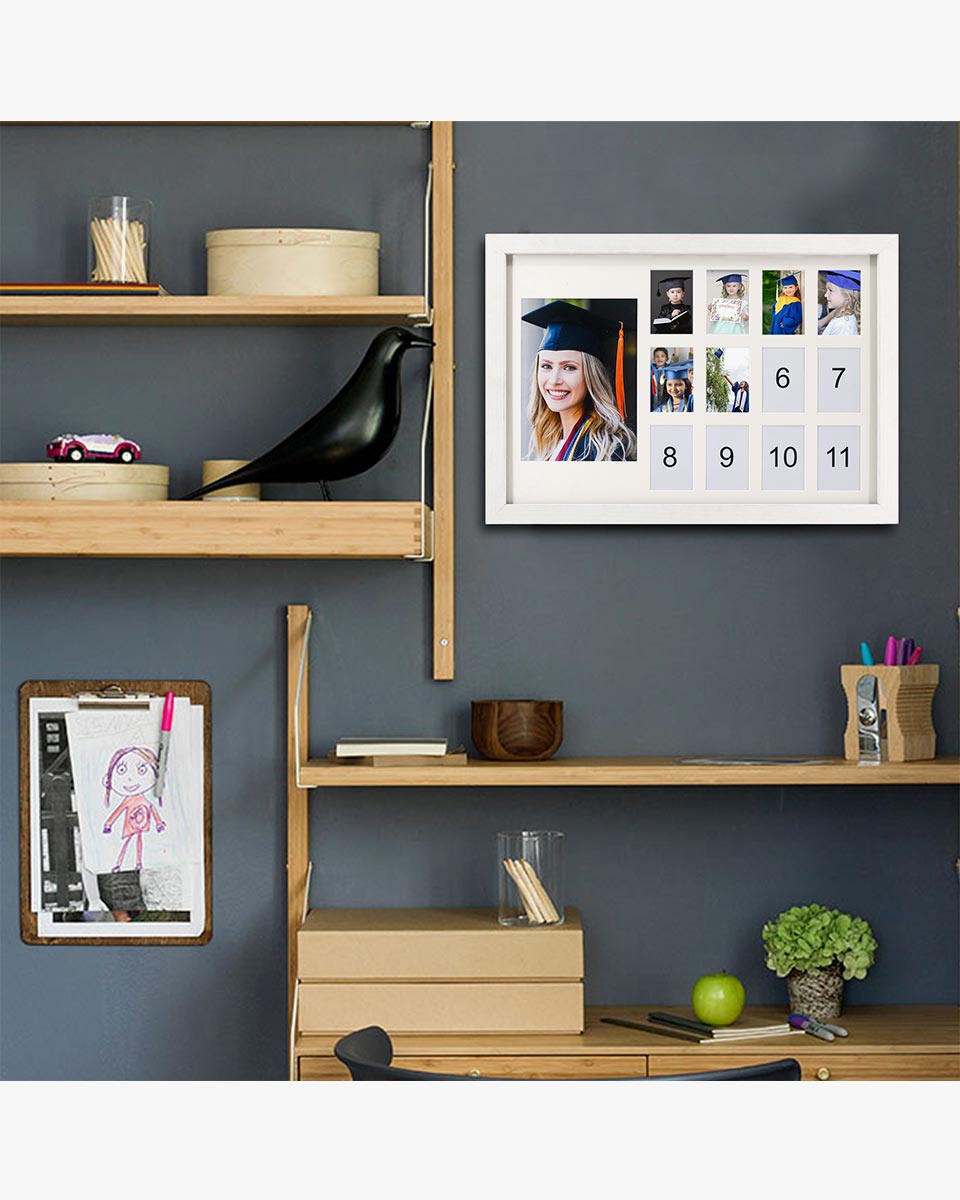 Graduation School Years K-12 Day Collage Wood with Double White Mat Horizontal Photo Frame - 2 Colors Available