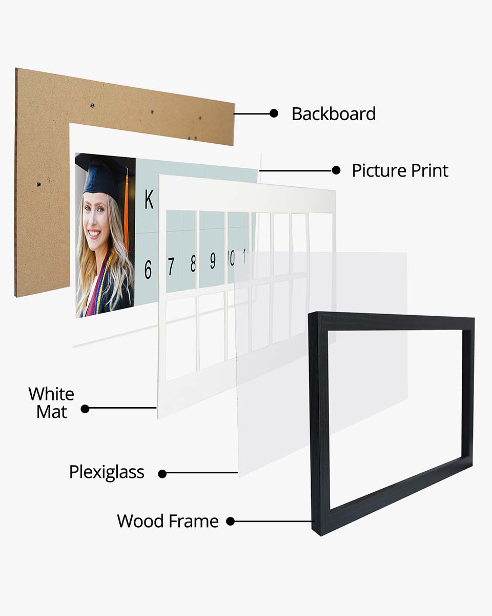 Graduation School Years K-12 Day Collage Wood with Double White Mat Horizontal Photo Frame - 2 Colors Available