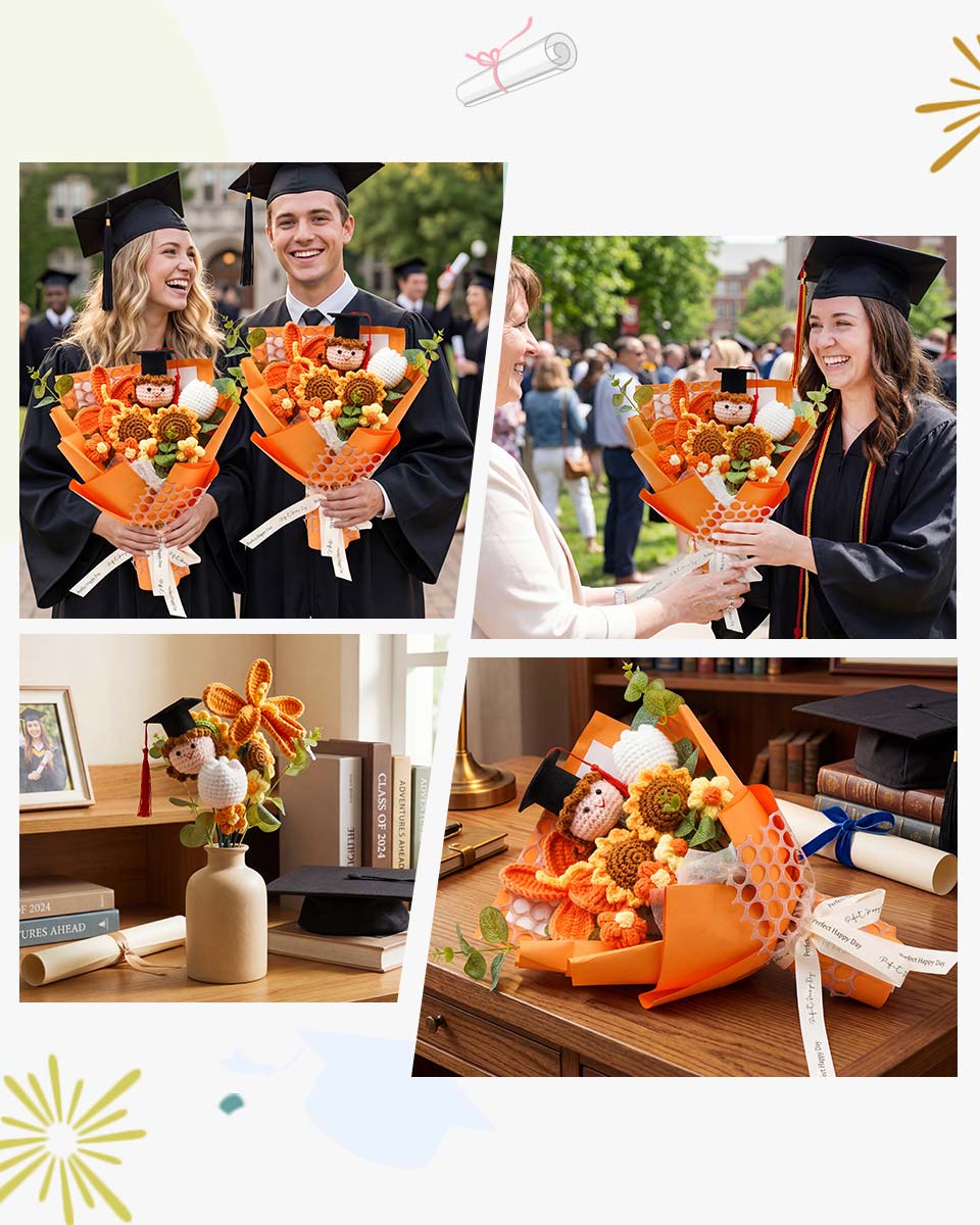 Handmade Crochet Flower Bouquet with Greeting Card and Gift Bag - 2 Colors Available