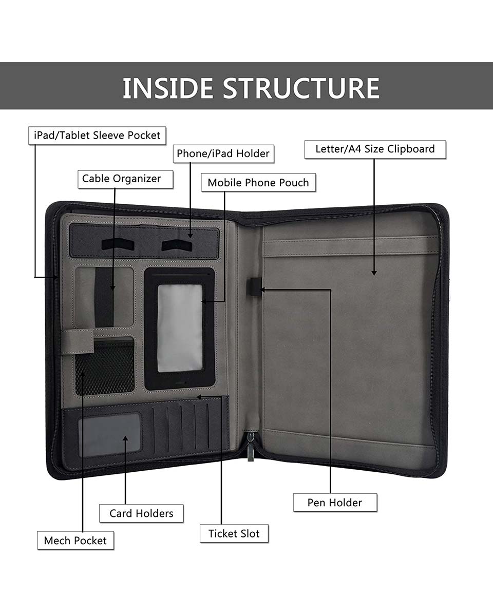 Zippered Leather Padfolio Portfolio with Hidden Handle Business Organizer Notepad Folder - 3 Colors Available