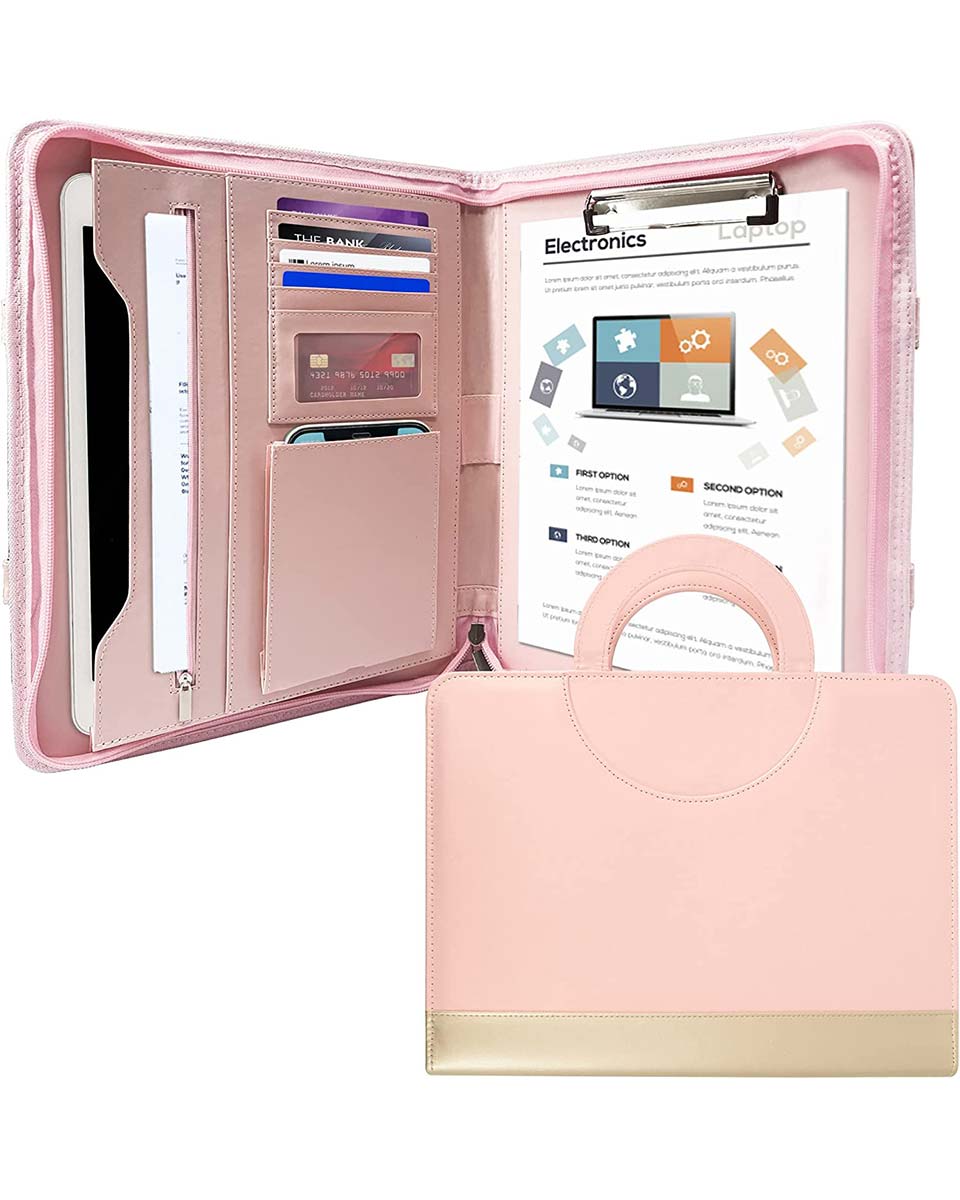 Zippered Leather Padfolio Portfolio with Hidden Handle Business Organizer Notepad Folder - 3 Colors Available