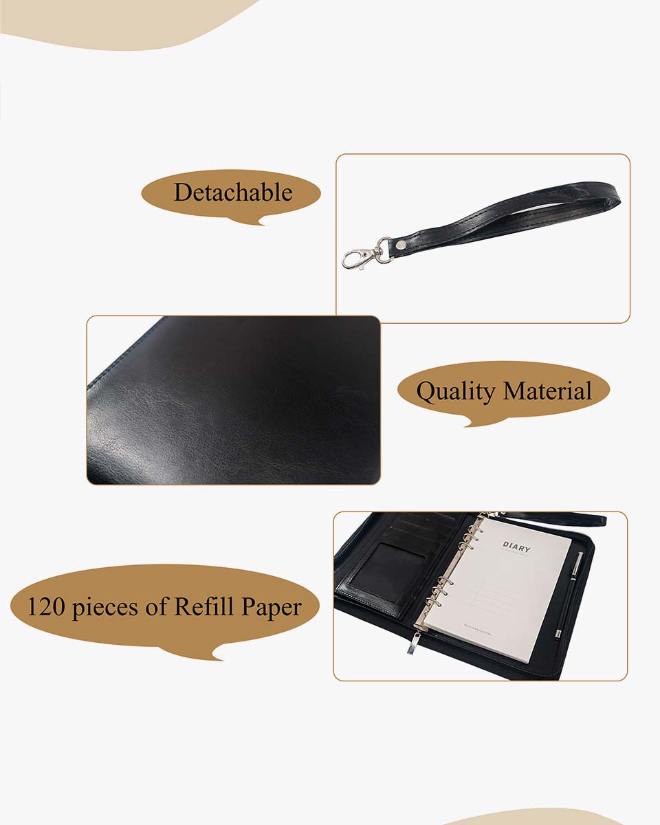 Zippered Leather Business Portfolio Padfolio with A5 Size Binder Paper– 3 Colors Available