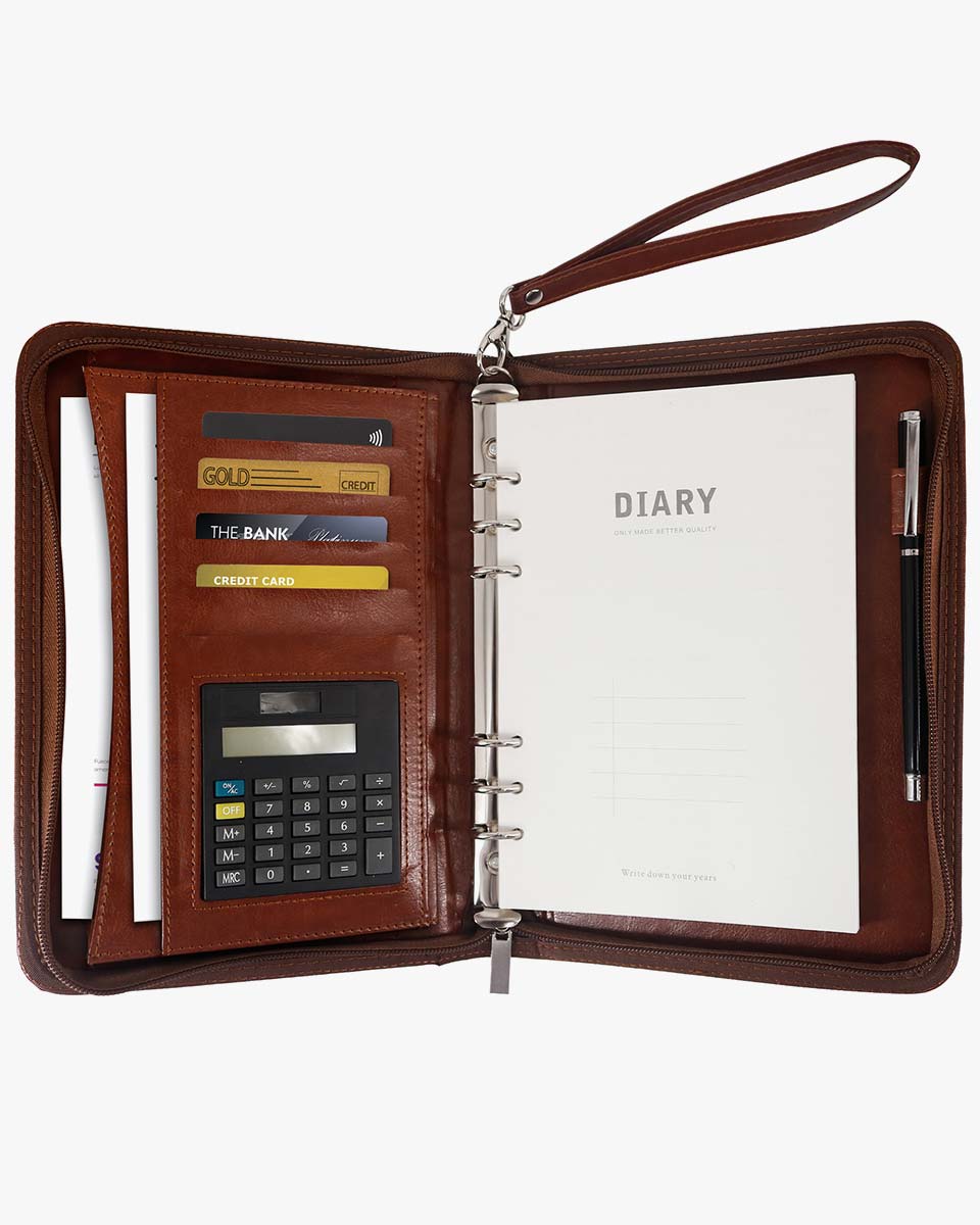 Zippered Leather Business Portfolio Padfolio with A5 Size Binder Paper 3 Colors Available Brown Zippered Leather Business Portfolio Padfolio with A5 Size Binder Paper 3 Colors Available Brown