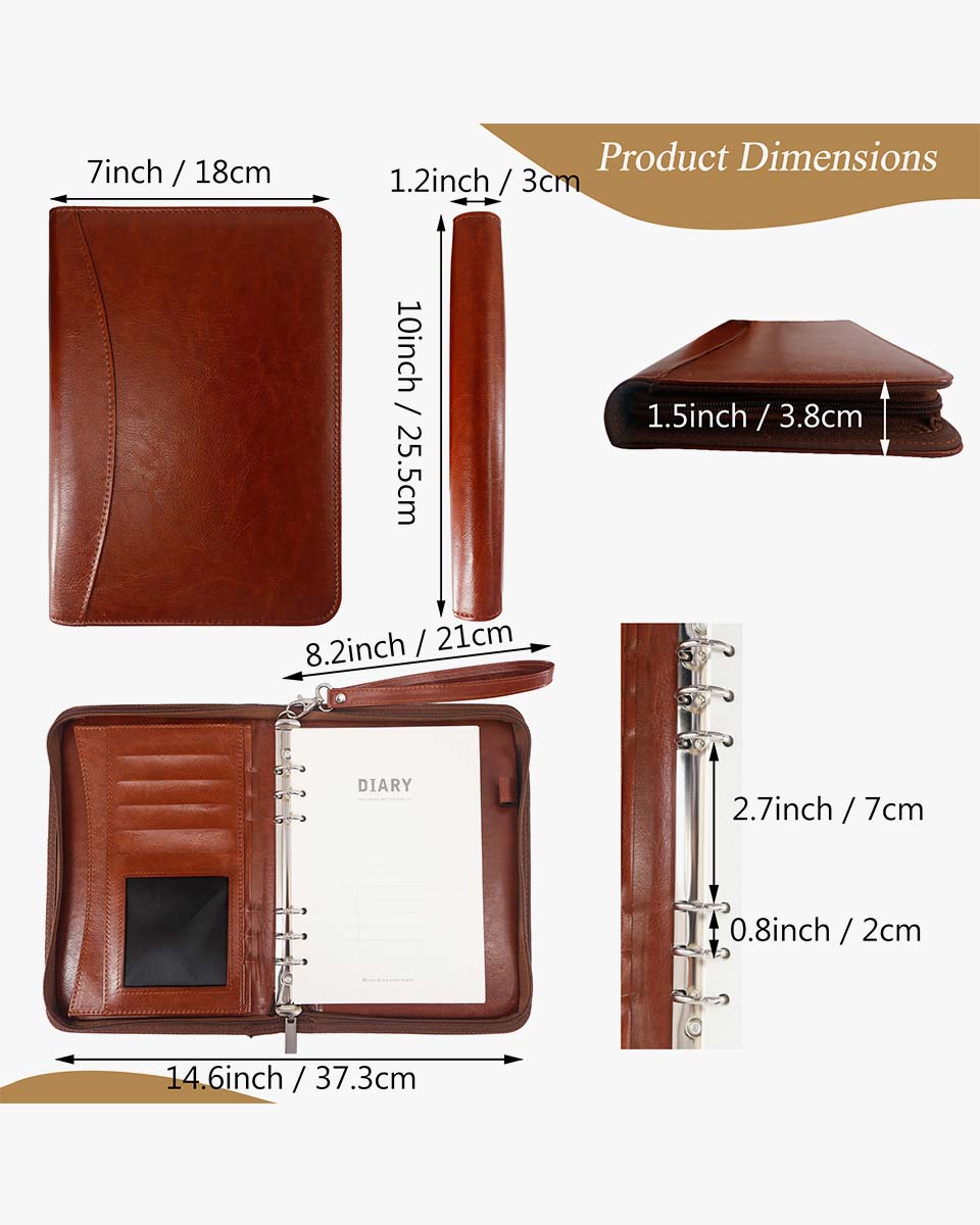 Zippered Leather Business Portfolio Padfolio with A5 Size Binder Paper– 3 Colors Available