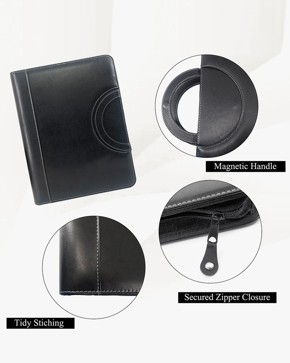 Zippered Black Faux Leather Portfolios Padfolio Binder with Hidden Handle