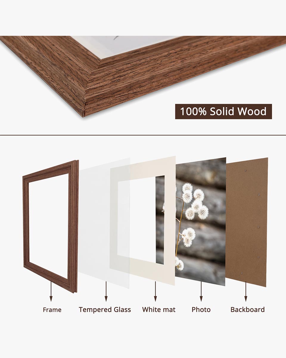 Brown Wood Photo Frames with Real Glass Pack of 2 - 4 Sizes Available