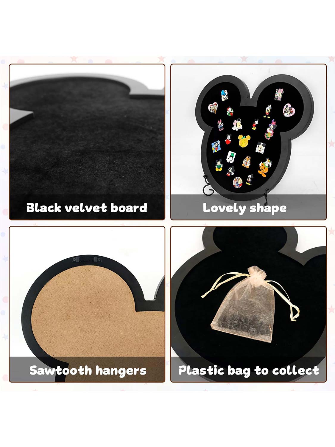 13*14 Black Velvet Padding Display Case Frame in Cute Mouse Shaped with Stand Easel