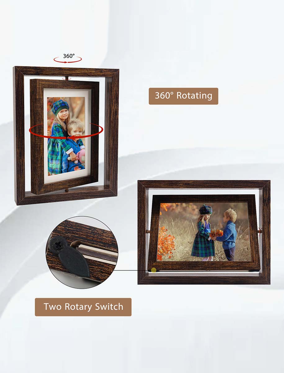 Brown Rotating Floating Double-Sided Glass for Tabletop Display Picture Frame Set of 2 - 2 Sizes Available