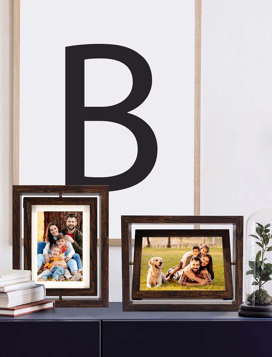 Brown Rotating Floating Double-Sided Glass for Tabletop Display Picture Frame Set of 2 - 2 Sizes Available