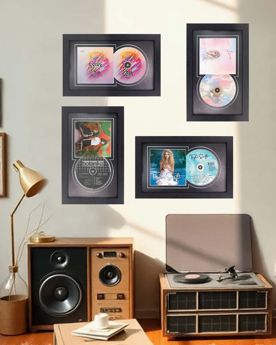 Black Wall and Tabletop CD Display Frame for Connected Disc and Booklet - 2 Mat Colors Available