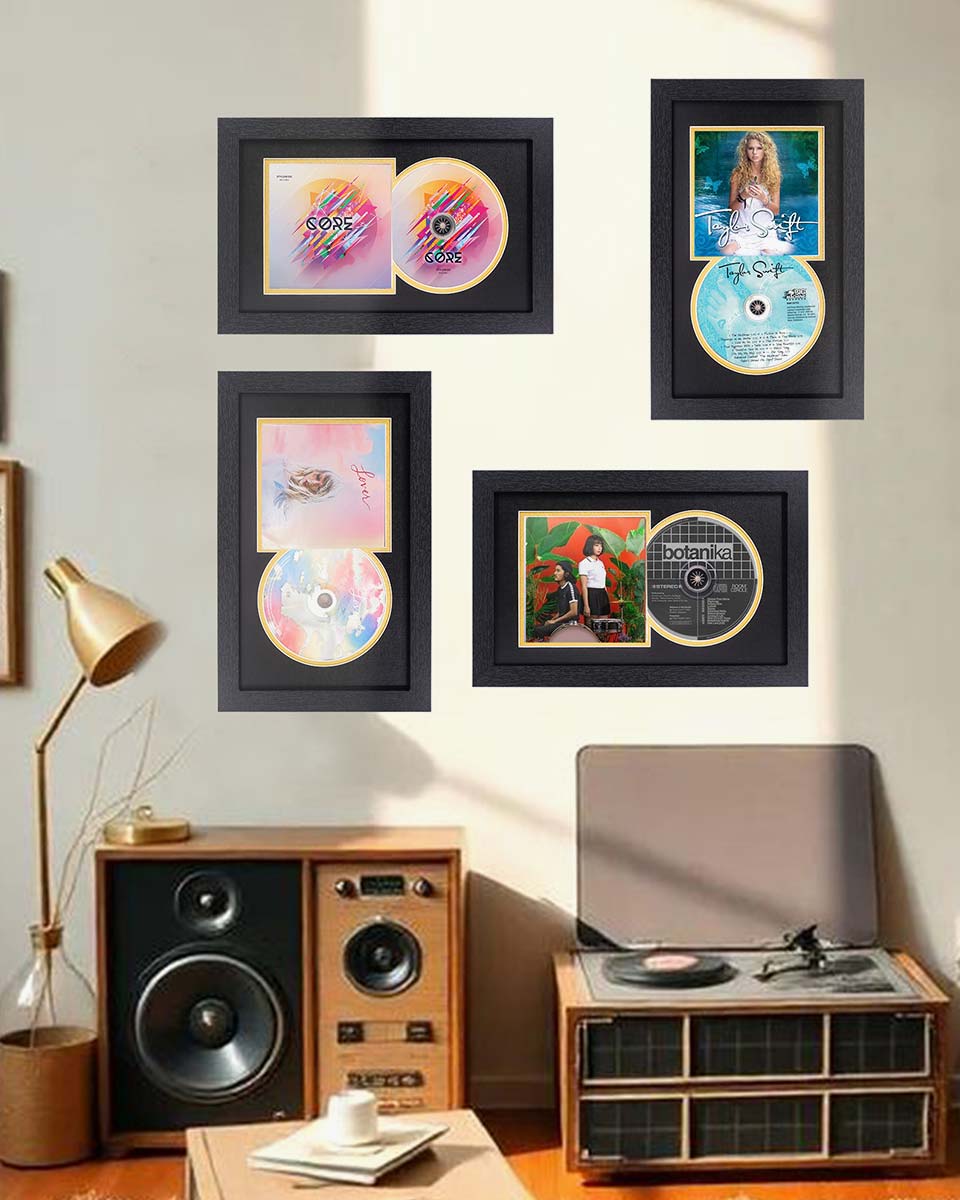 Black Wall and Tabletop CD Display Frame for Connected Disc and Booklet - 2 Mat Colors Available