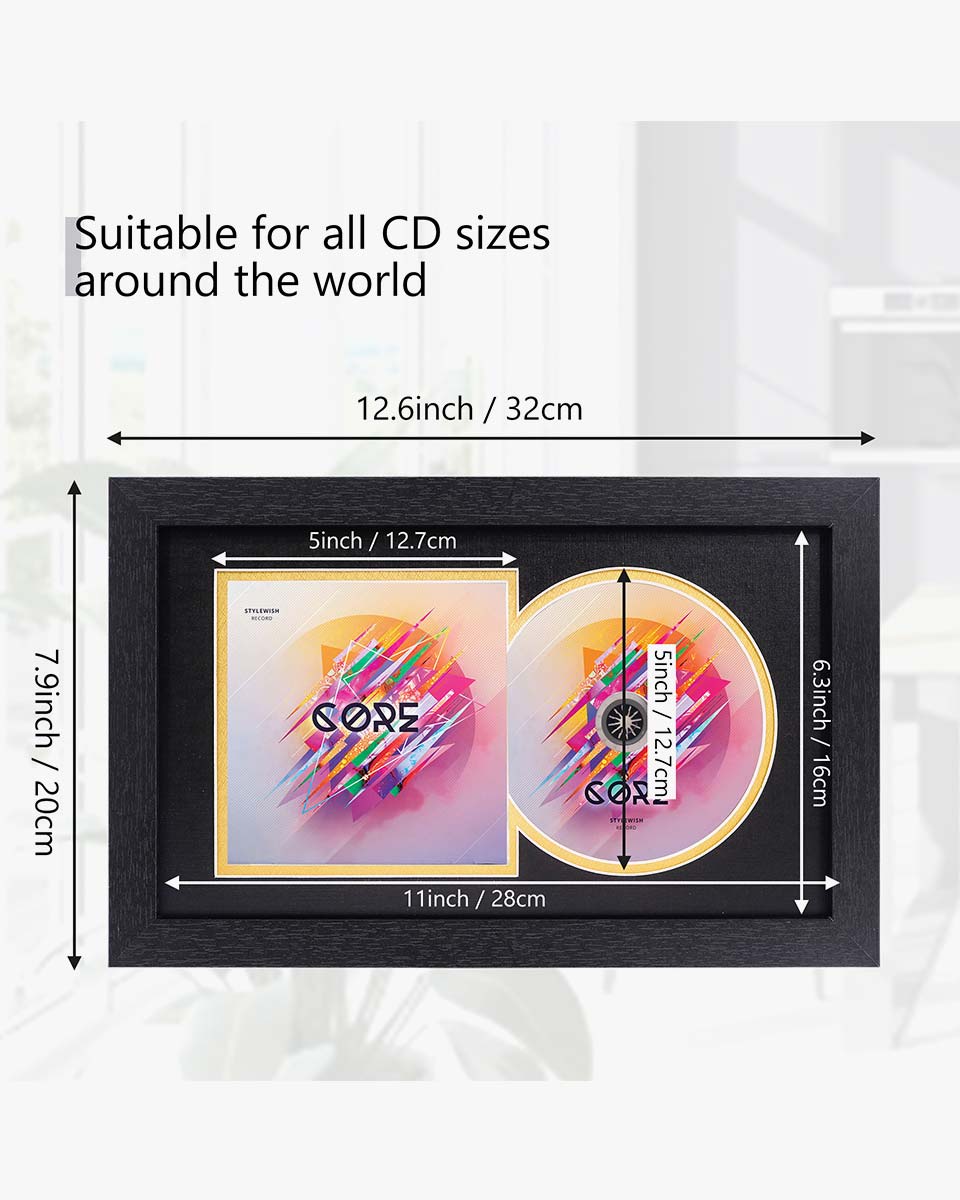 Black Wall and Tabletop CD Display Frame for Connected Disc and Booklet - 2 Mat Colors Available
