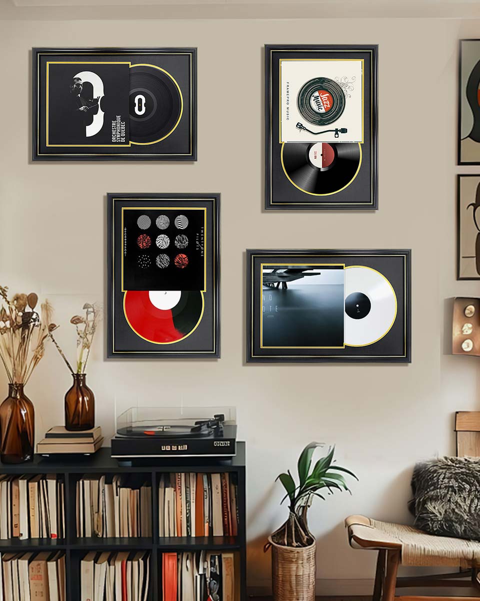 Black Wall Display Vinyl Record Album Frame with Double Gold Trim for 12*12 LP Covers - 2 Mat Colors Available