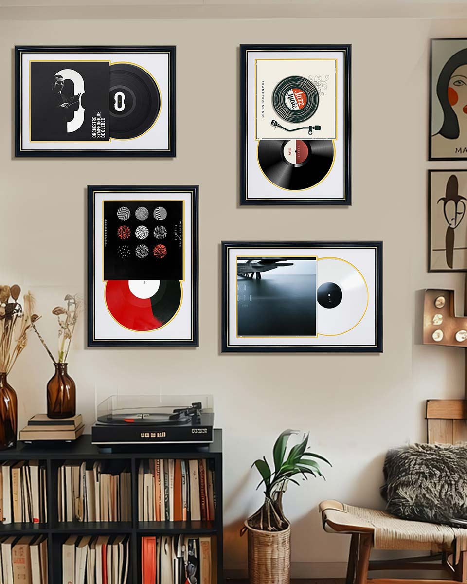 Black Wall Display Vinyl Record Album Frame with Double Gold Trim for 12*12 LP Covers - 2 Mat Colors Available