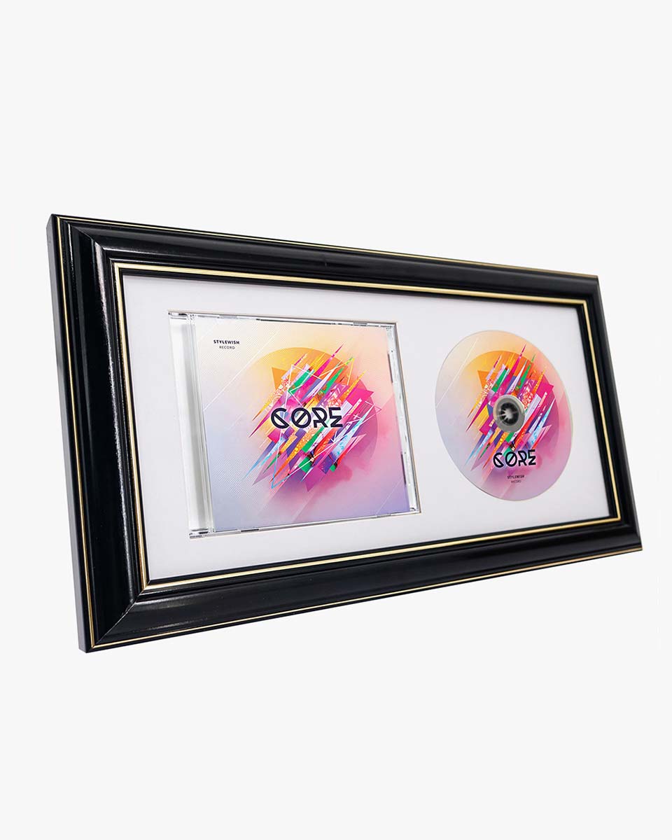 Black Wall and Tabletop CD Display Frame with Double Gold Trim for Dis