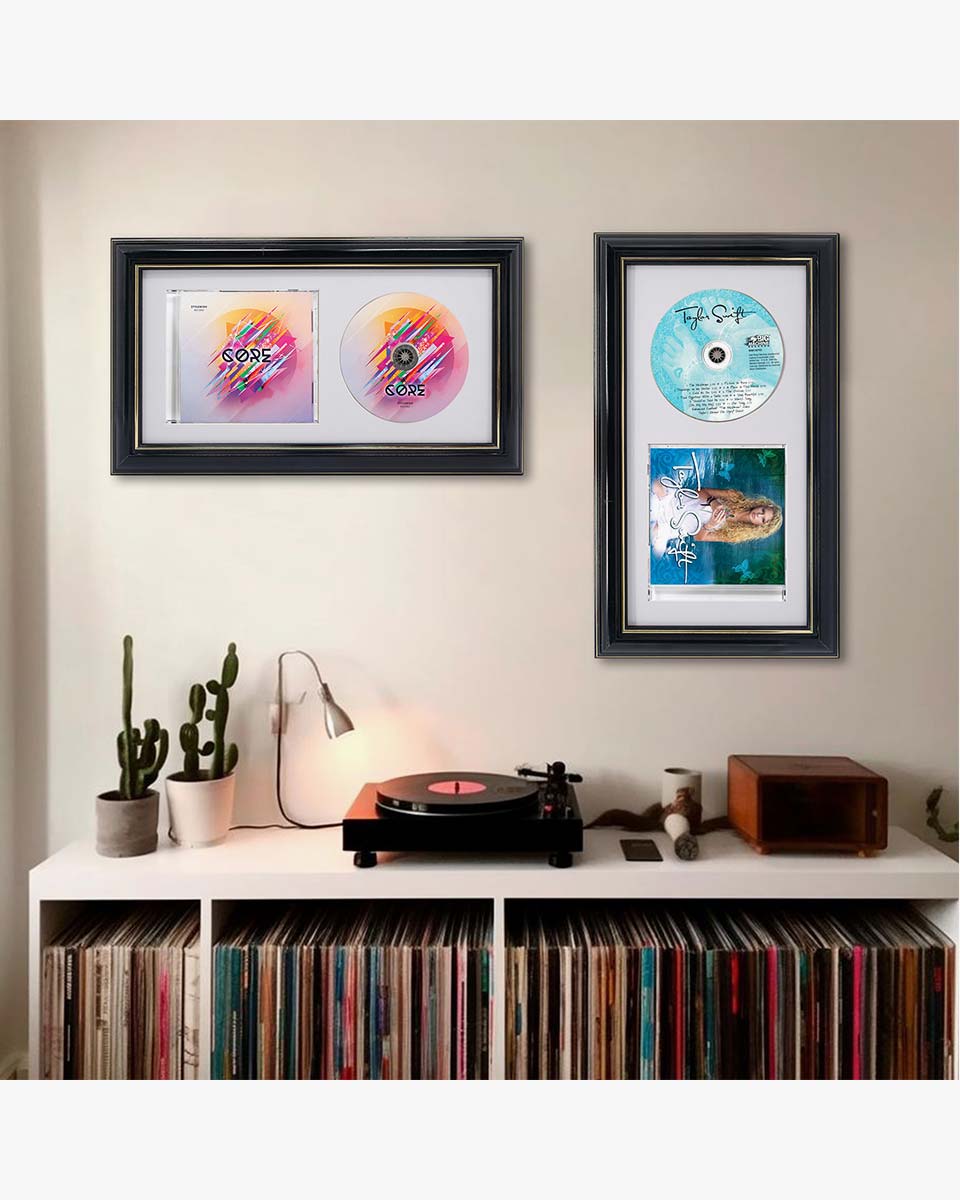 Black Wall and Tabletop CD Display Frame with Real Glass for Disc and CD Case - 2 Mat Colors Available