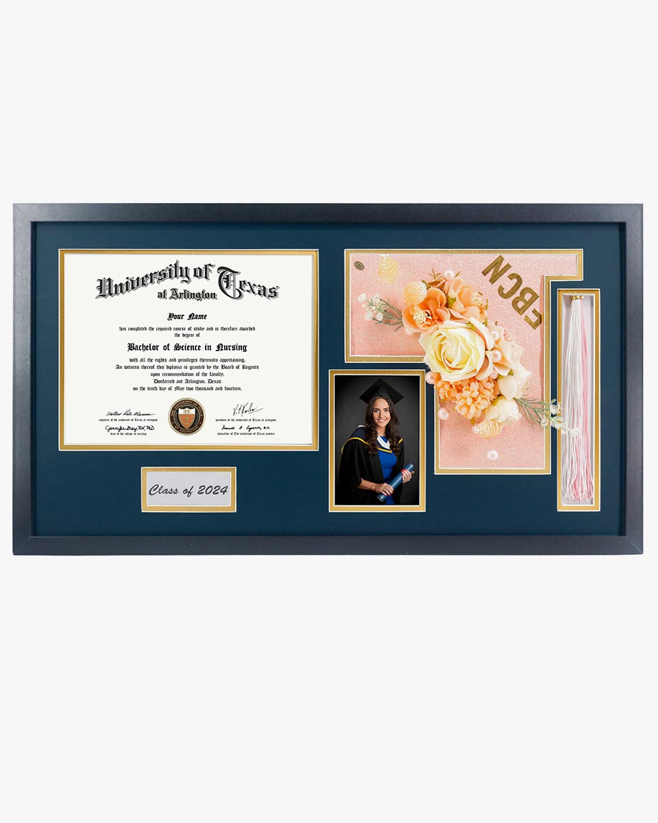 Graduation Shadow Box Frame Wood Display Case for Diploma & Photo with Graduation Cap & Tassel Holder