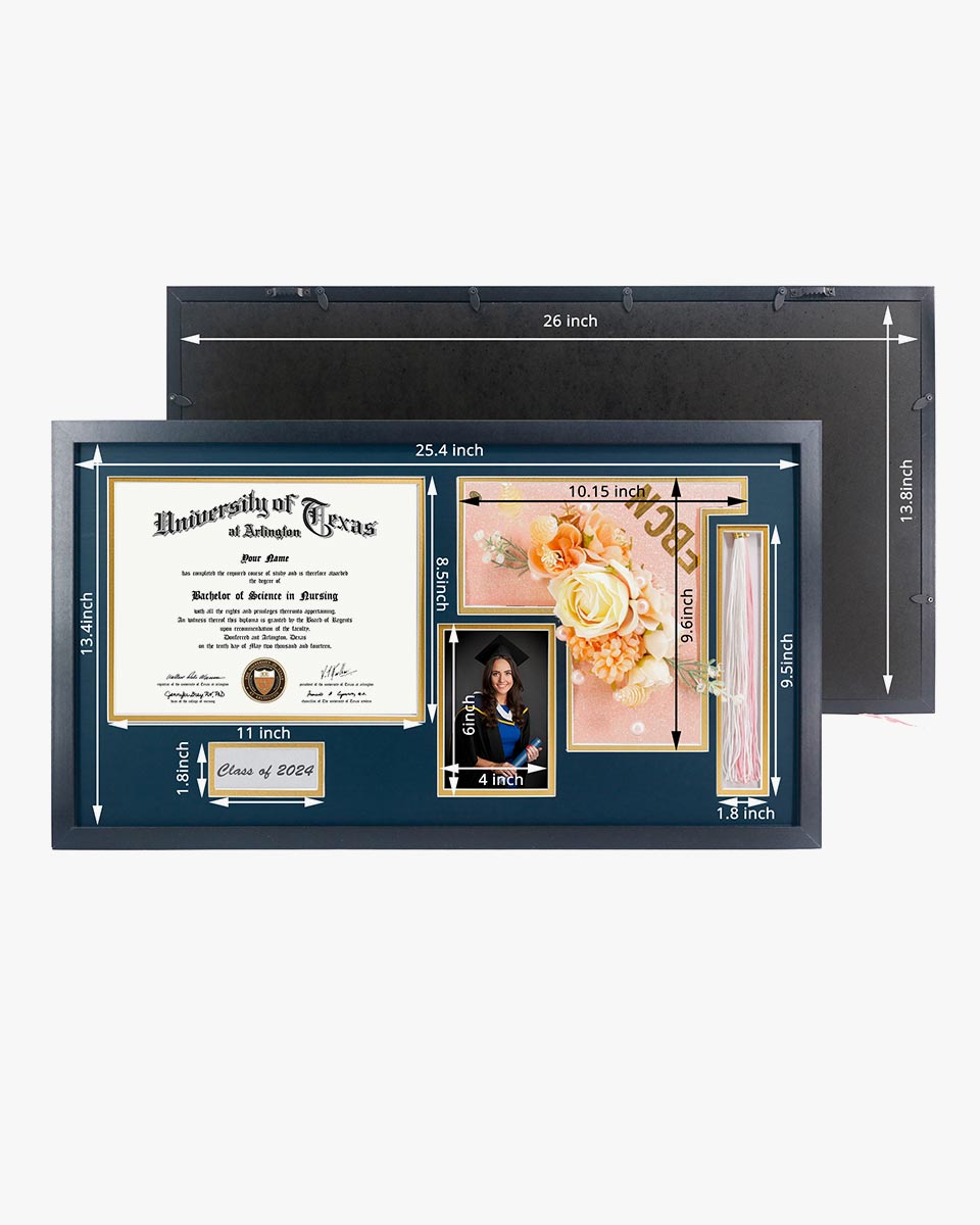 Graduation Shadow Box Frame Wood Display Case for Diploma & Photo with Graduation Cap & Tassel Holder