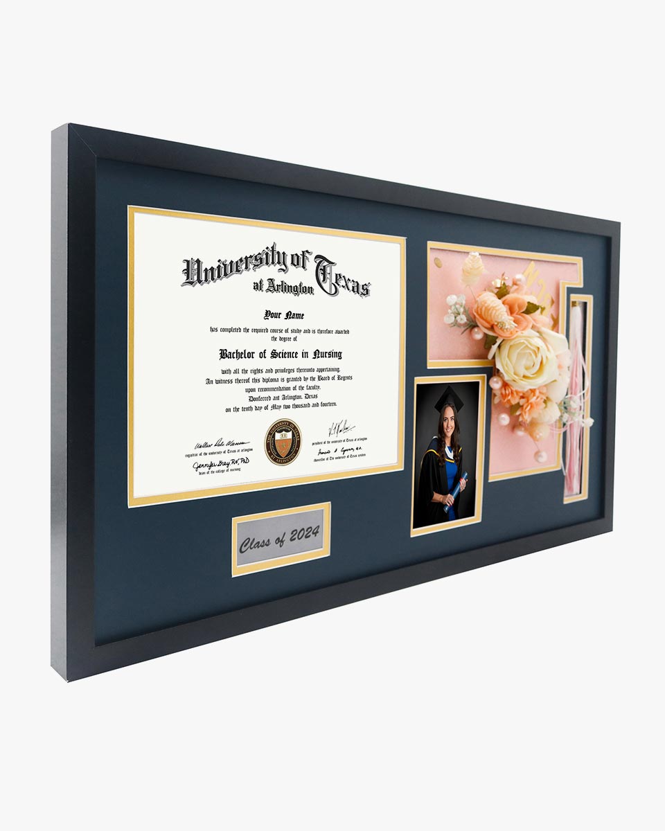 Graduation Shadow Box Frame Wood Display Case for Diploma & Photo with Graduation Cap & Tassel Holder