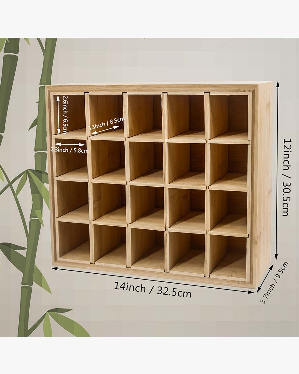 Bamboo Spice Rack Adjustable Shadow Box with 20 Compartments 12x14