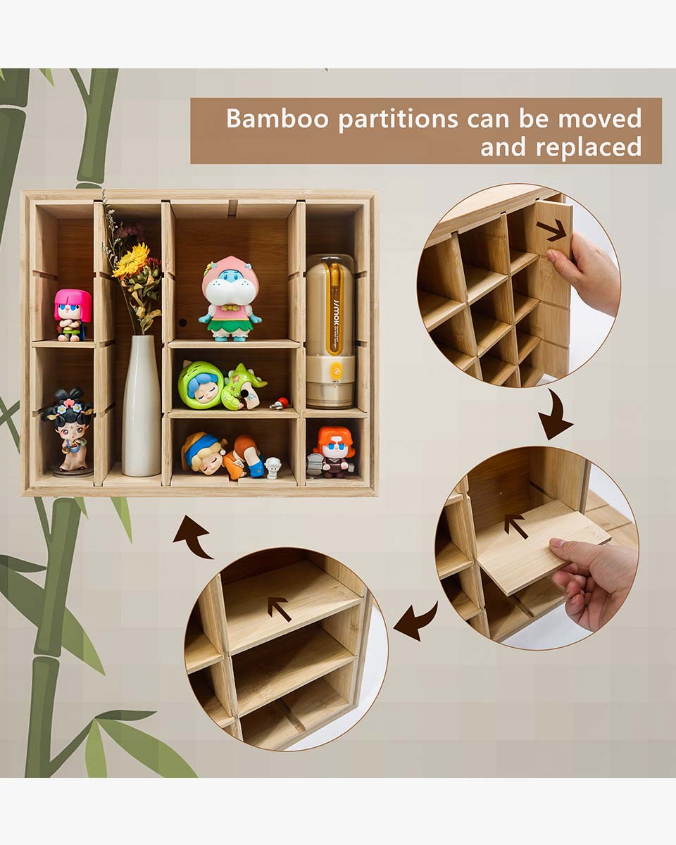 Bamboo Spice Rack Adjustable Shadow Box with 20 Compartments 12x14