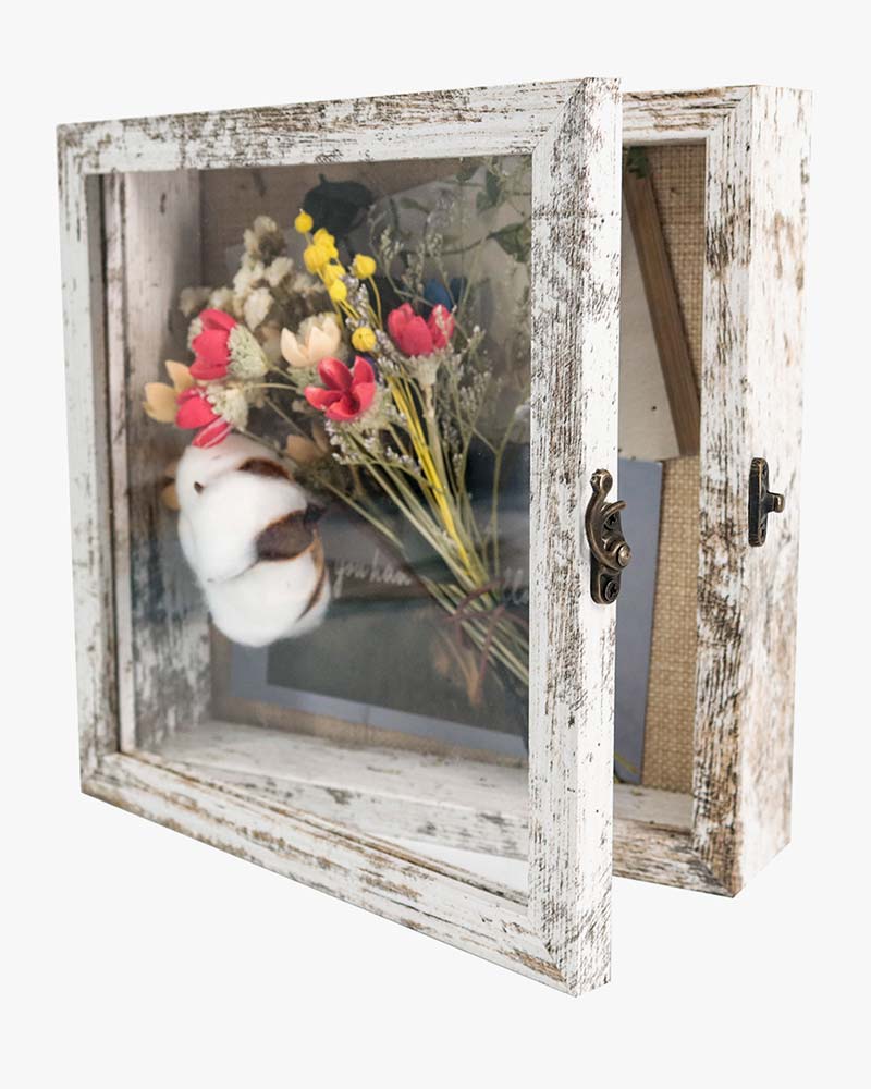 Rustic White Real Glass Shadow Box Frame Window Door With Hinge in 5 Sizes