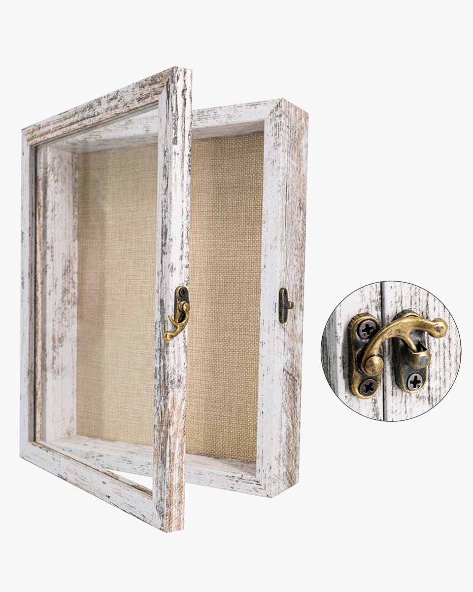 Rustic White Real Glass Shadow Box Frame Window Door With Hinge in 5 Sizes