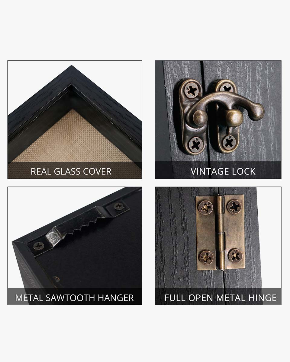 Rustic Black Real Glass Shadow Box Frame Window Door With Hinge in 5 Sizes