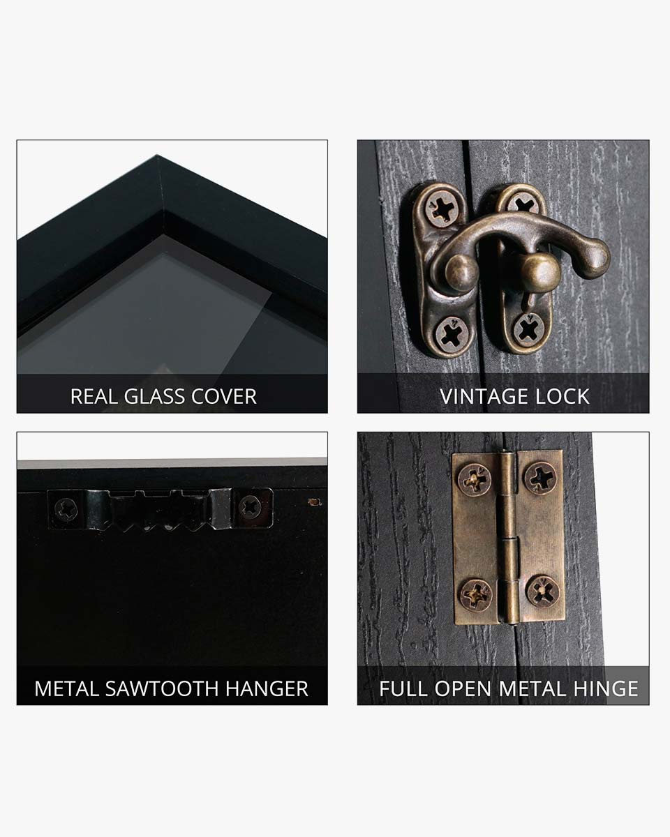 Rustic Black Real Glass Shadow Box Frame Window Door With Hinge in 5 Sizes