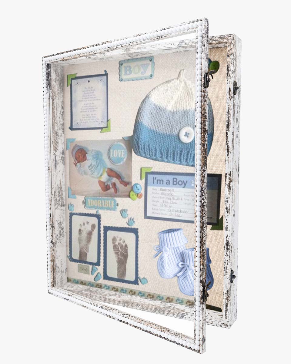 White Deep Front Open with Hinge Beaded Designed Picture Shadow Box with Linen Back in 3 Sizes