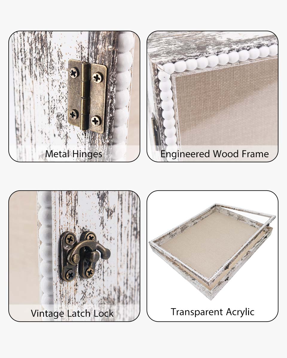White Deep Front Open with Hinge Beaded Designed Picture Shadow Box with Linen Back in 3 Sizes