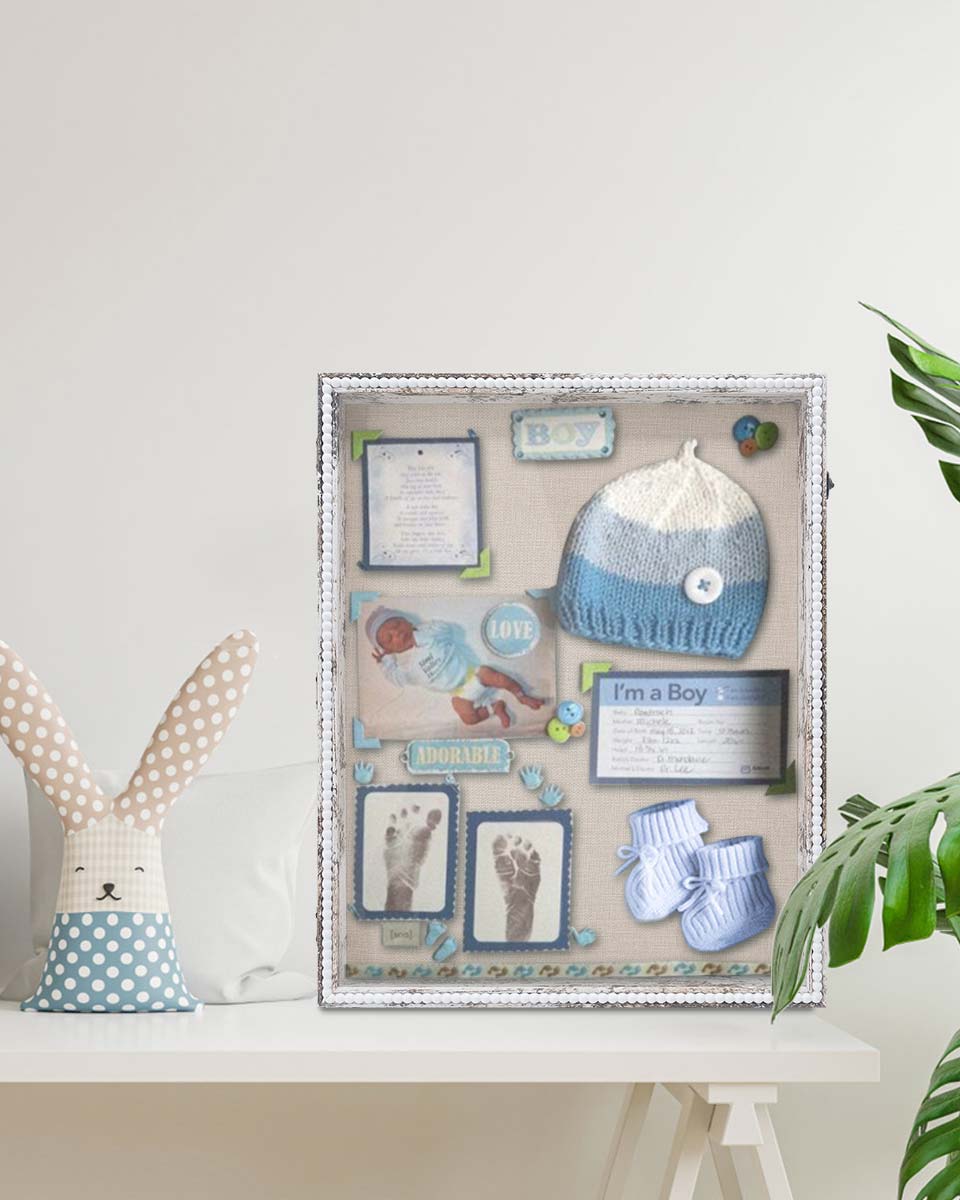 White Deep Front Open with Hinge Beaded Designed Picture Shadow Box with Linen Back in 3 Sizes