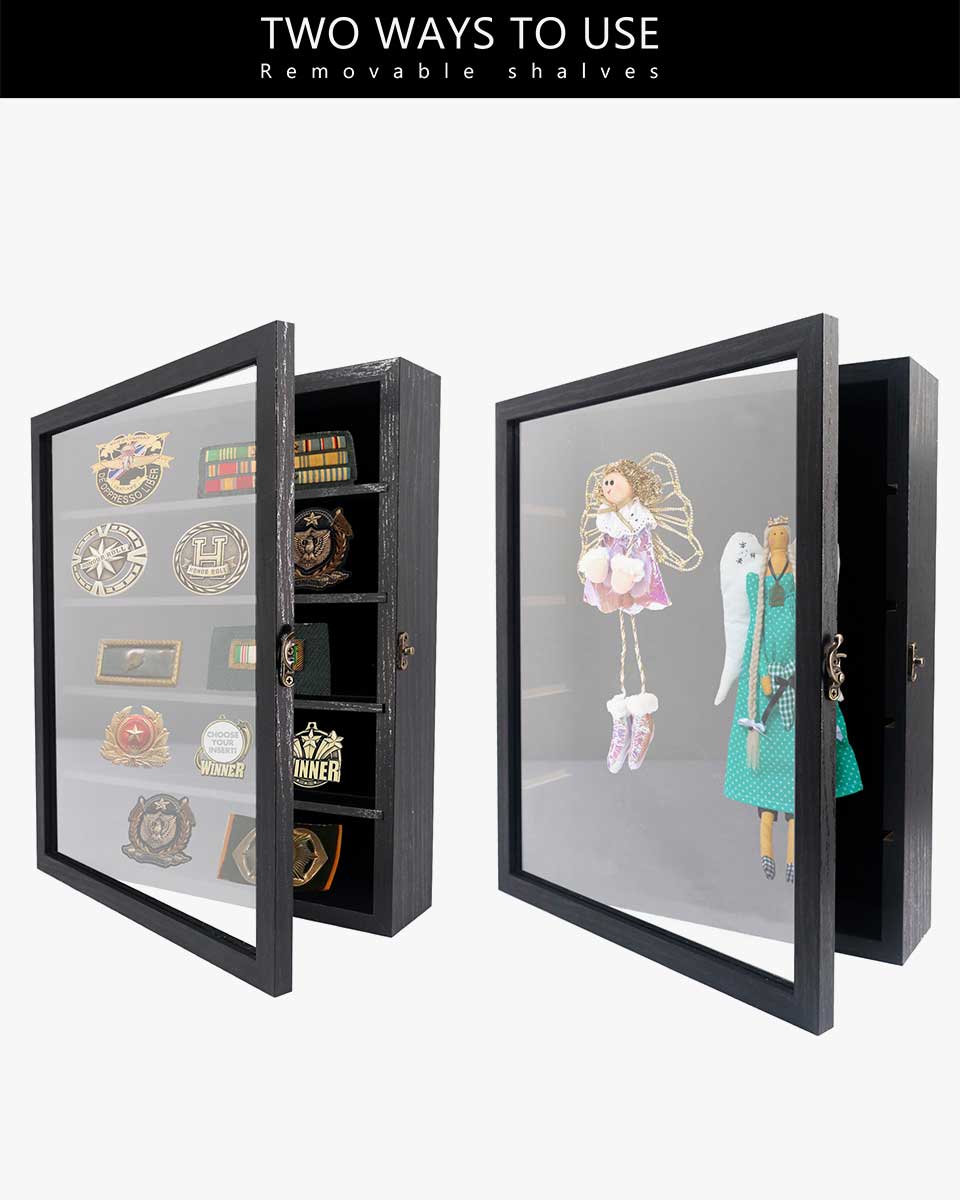 Rustic Black Shadow Box Frame Real Glass Window Door with Removable Shelves in 2 Sizes